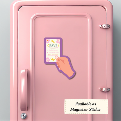 Magnet attached to a locker, showing quirky "declines" design.