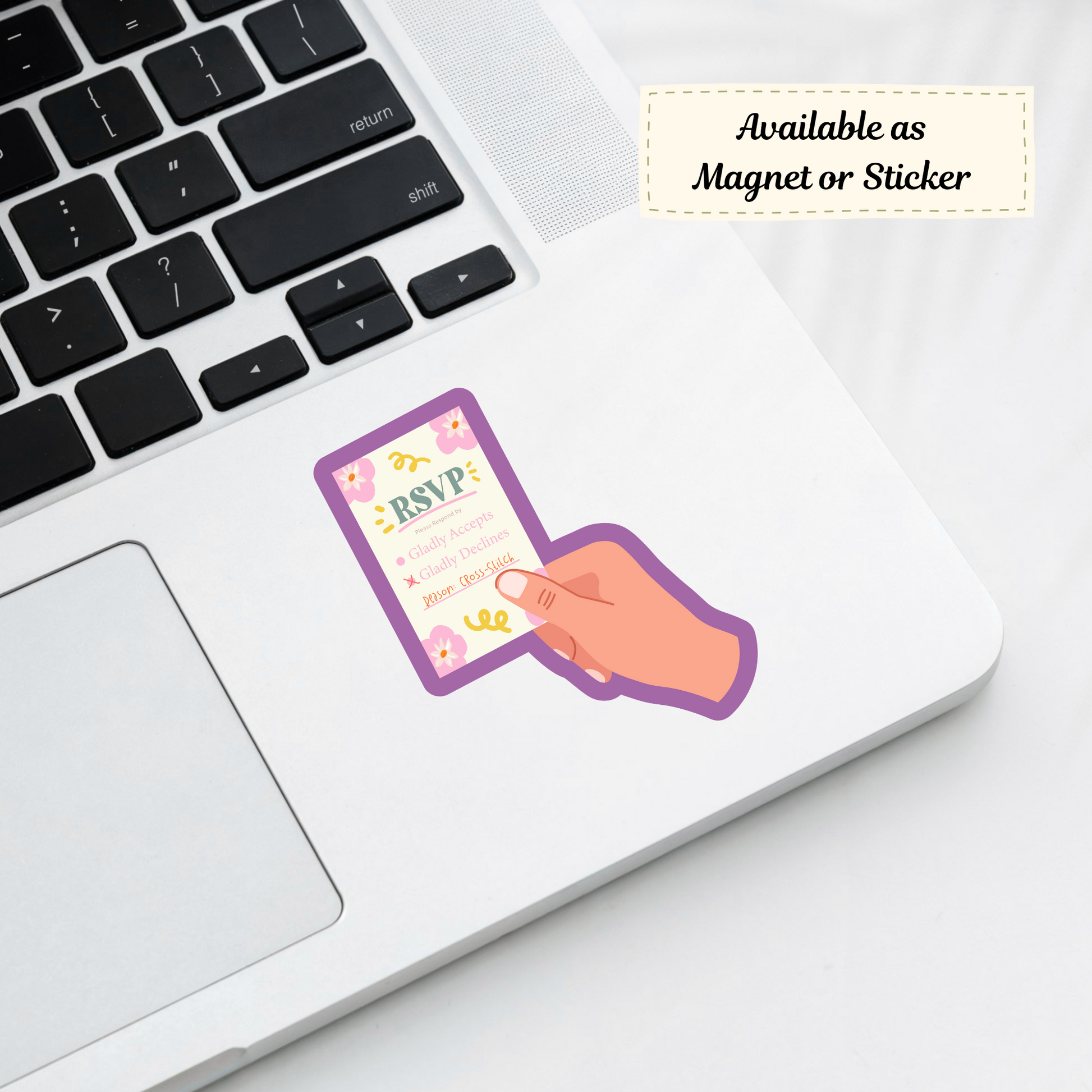 RSVP sticker with stitching excuse on a laptop near craft supplies.