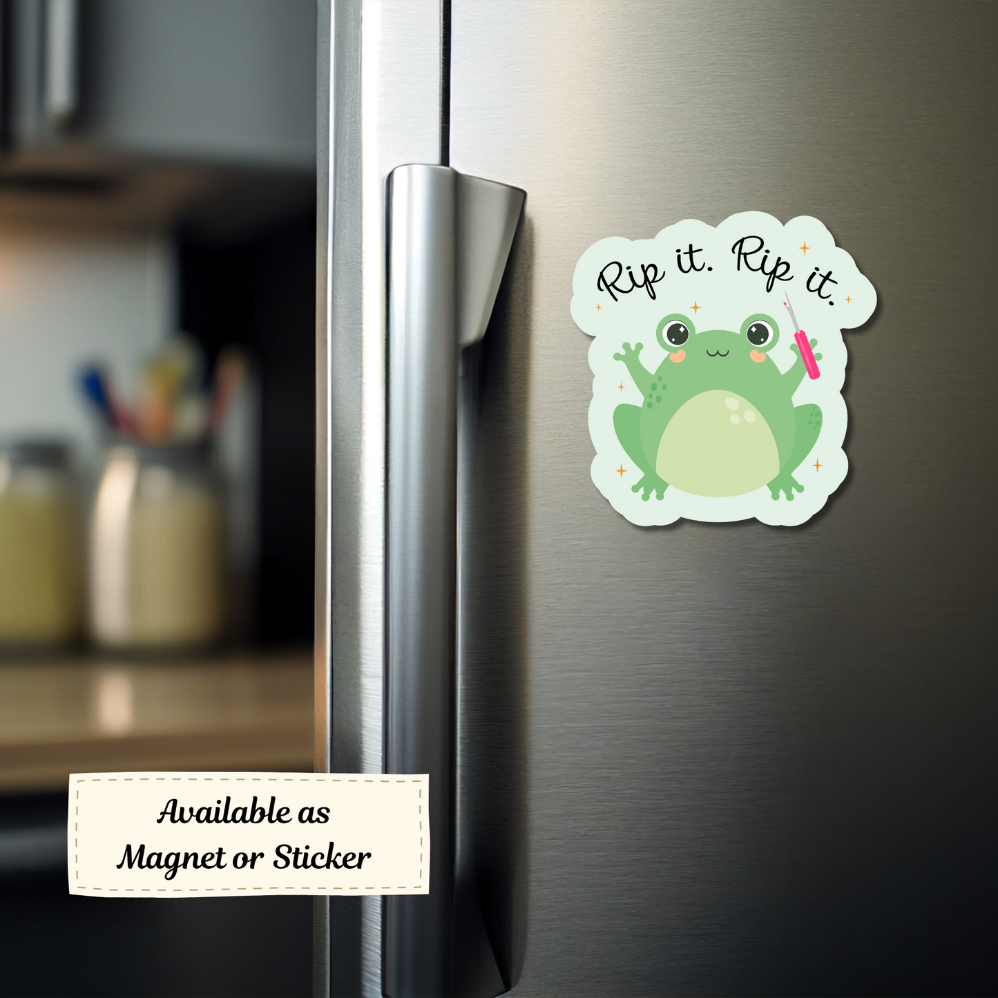 Frog design magnet on a stainless steel fridge