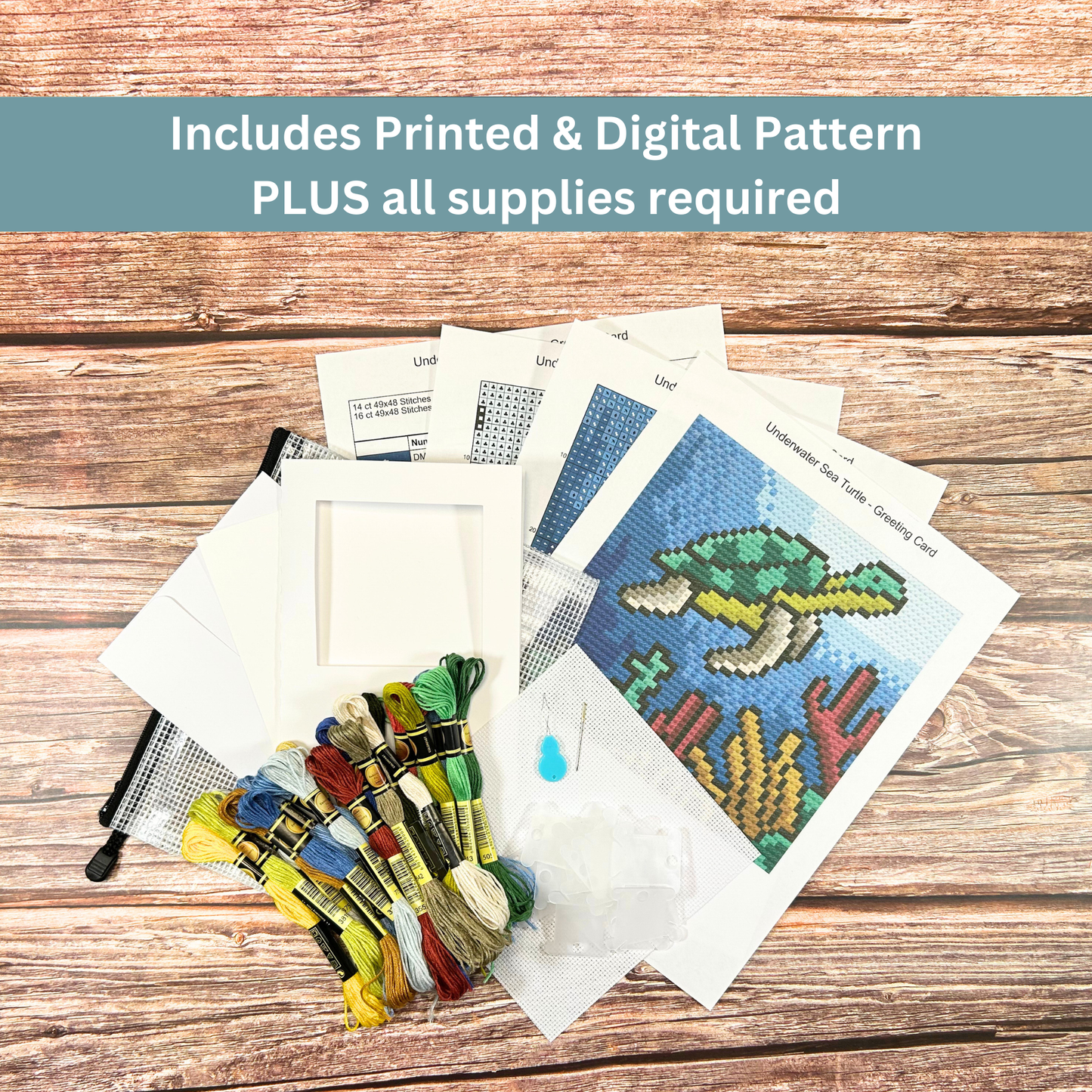 Dimensions of the greeting card cross-stitch design, showing the card as 5 x 7 inches (12.7 x 17.8 cm) with a stitched area of 3.5 x 3.5 inches (8.9 x 8.9 cm).