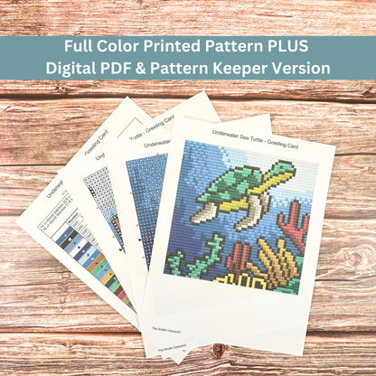 Full-color printed cross-stitch pattern and digital PDF version, featuring the underwater sea turtle design.