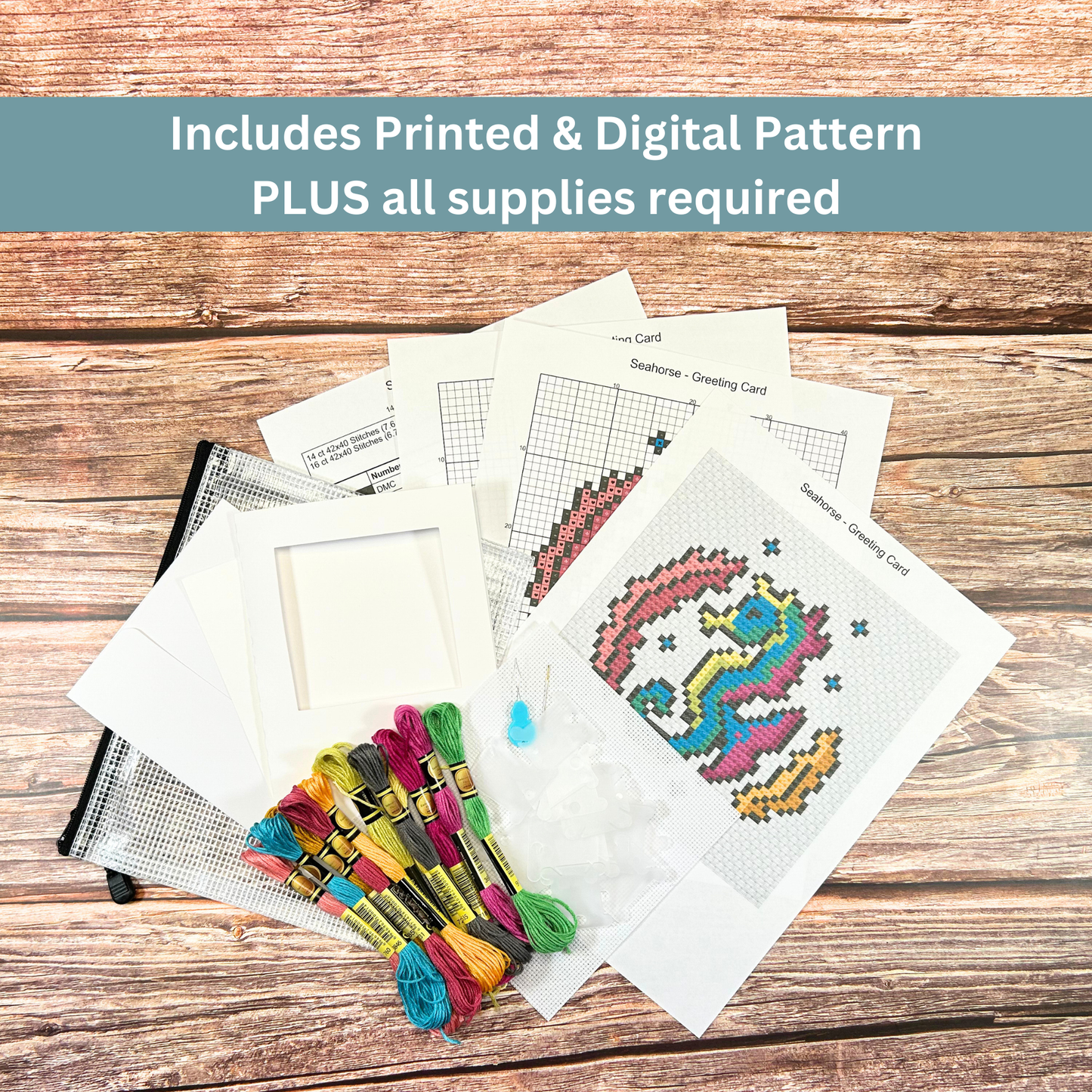Complete cross-stitch kit for a seahorse greeting card, including printed pattern, threads, needle, and aperture card.