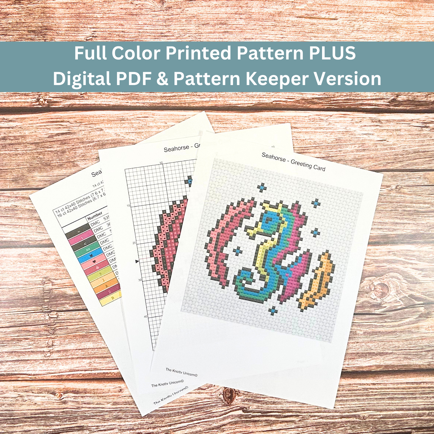 Full-color printed cross-stitch pattern of a seahorse design with thread color chart.