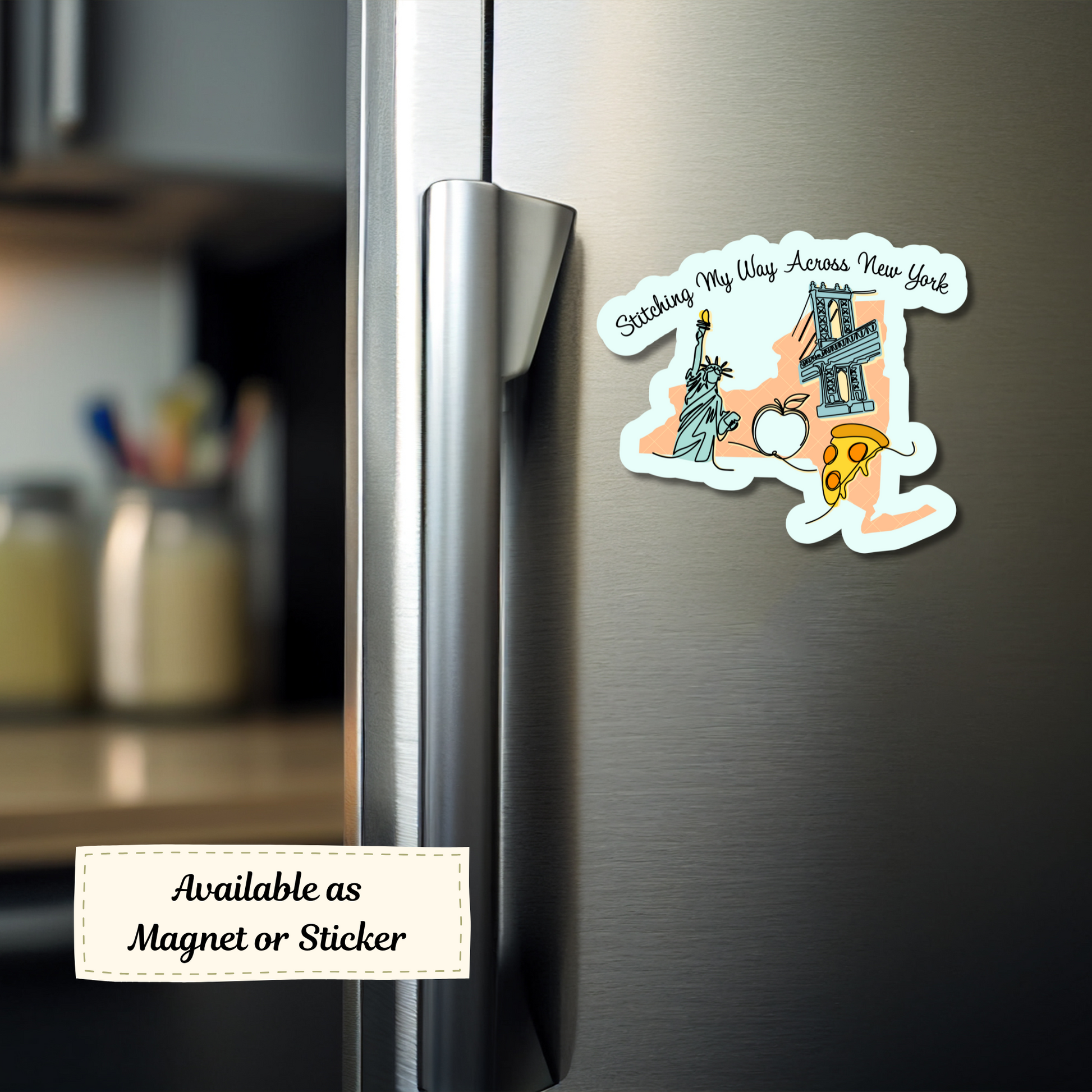 Magnet showing NYC icons and floss on fridge door.
