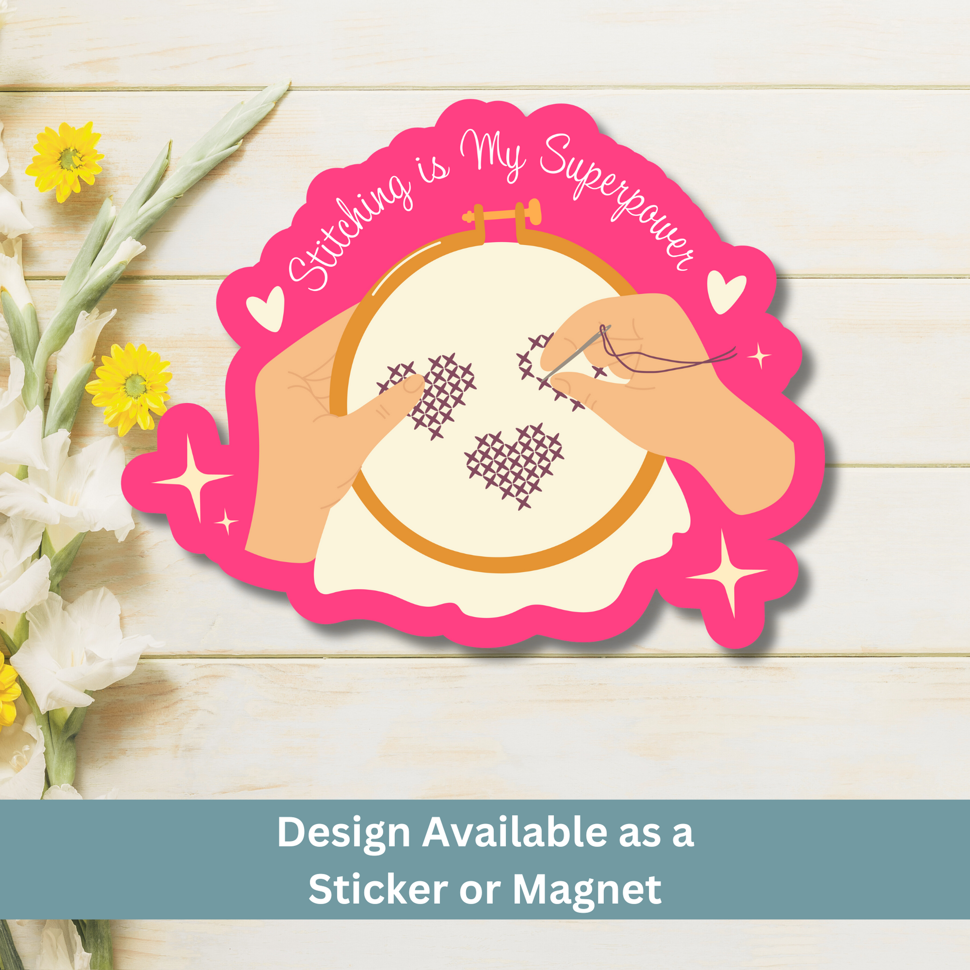Superpower stitching magnet displayed on wood surface.