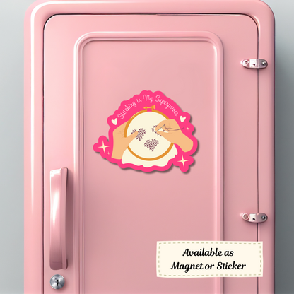 Fun stitching empowerment magnet decorating a locker.