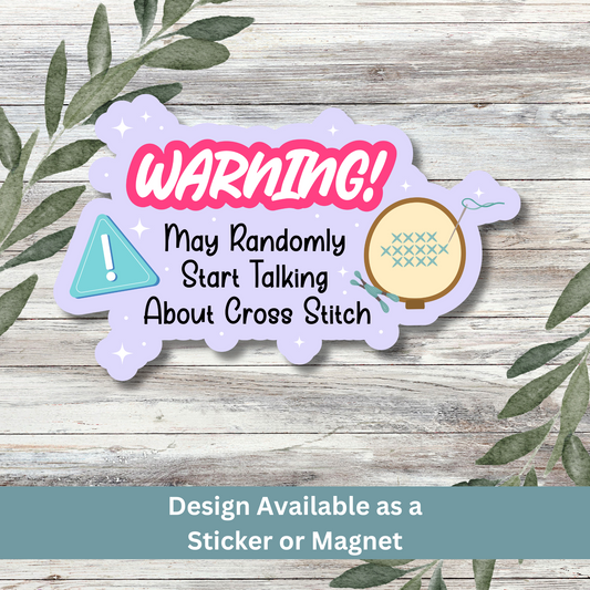 Funny warning sticker with embroidery hoop design on a whitewashed backdrop