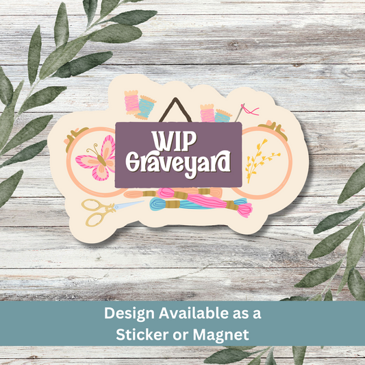 Sticker with humorous cross stitch design on whitewashed backdrop