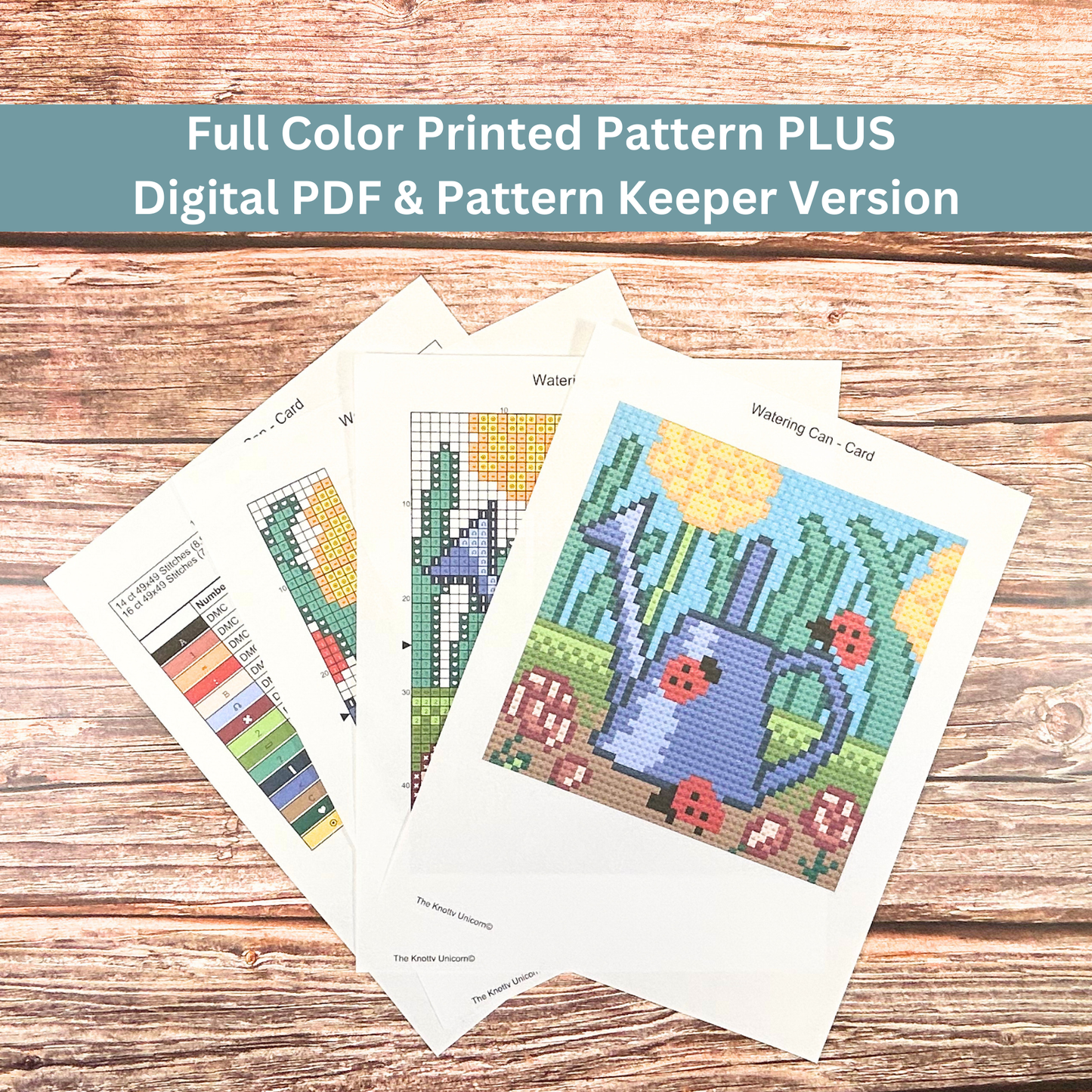 Printed cross-stitch pattern sheets for a watering can with ladybugs design, including a color key and stitch guide.