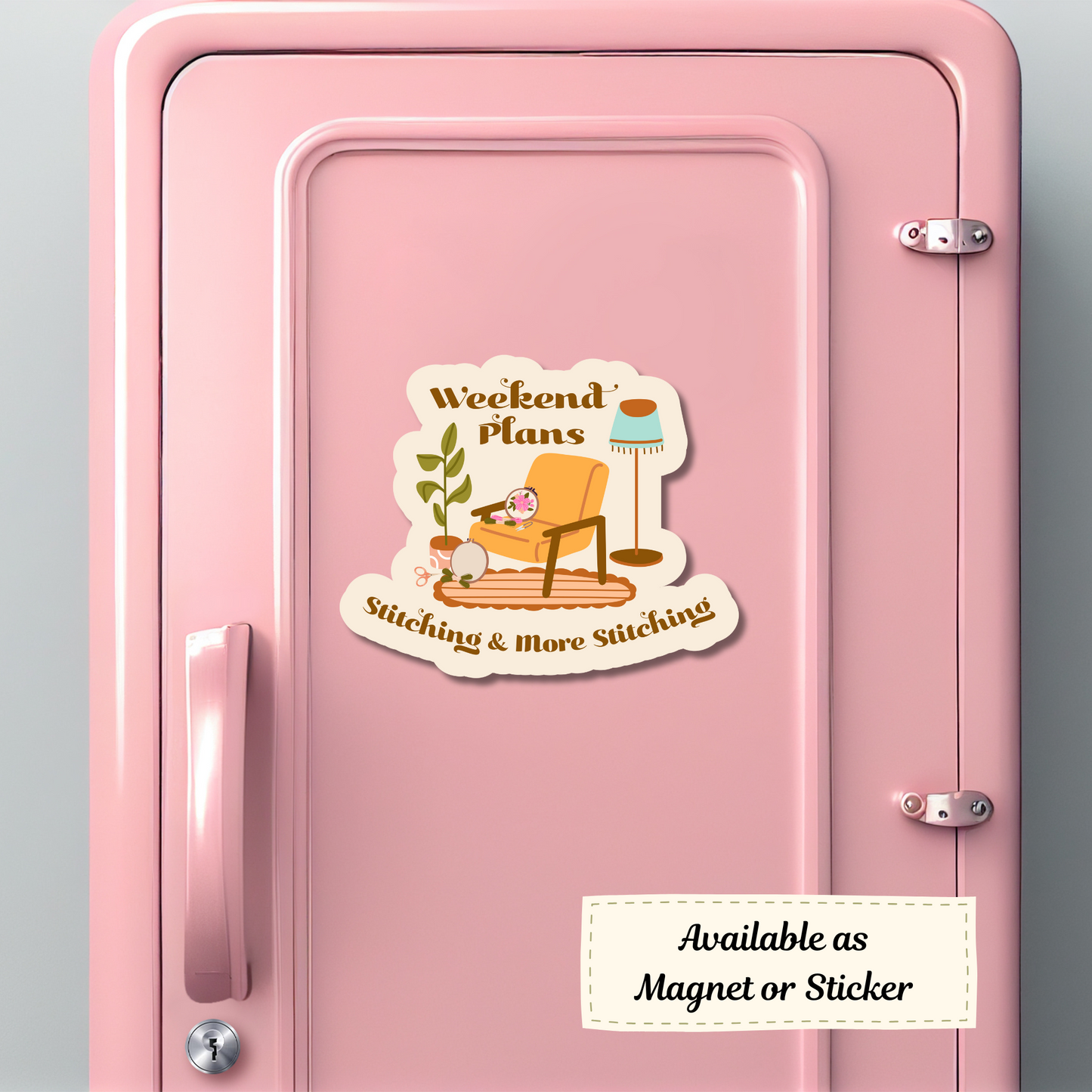 Sticker magnet of “Weekend Plans: Stitching” decorating a craft lover’s locker