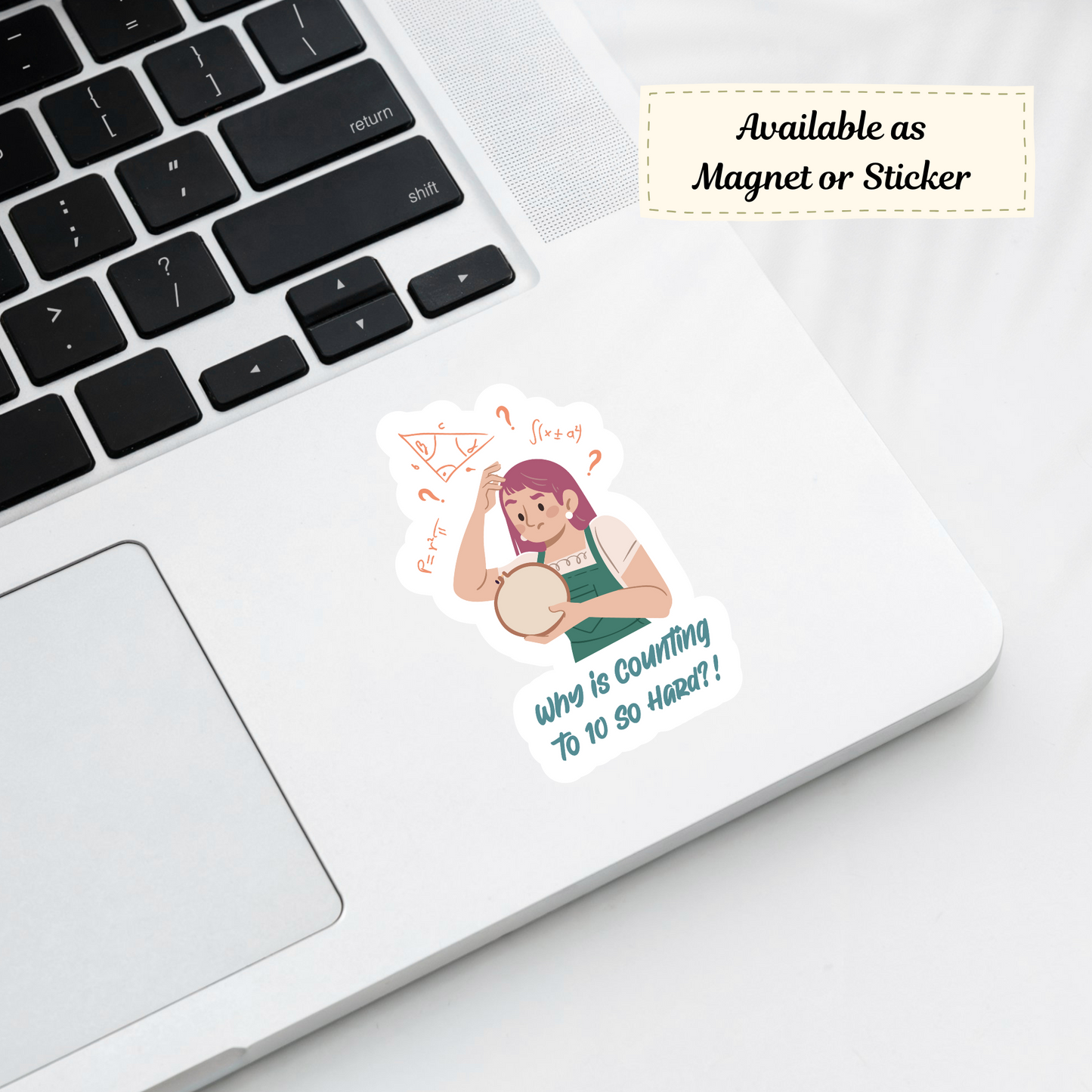 Funny cross-stitch math confusion sticker on laptop corner