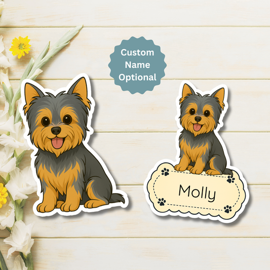 Aimant personnalisé pour Yorkshire Terrier – Oreilles coupées bleu et feu | Personnalisable avec le nom de l'animal