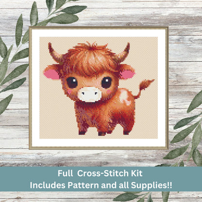 Highland Cow Kit – Cute Farm Animal Cross Stitch (Beginner Friendly)