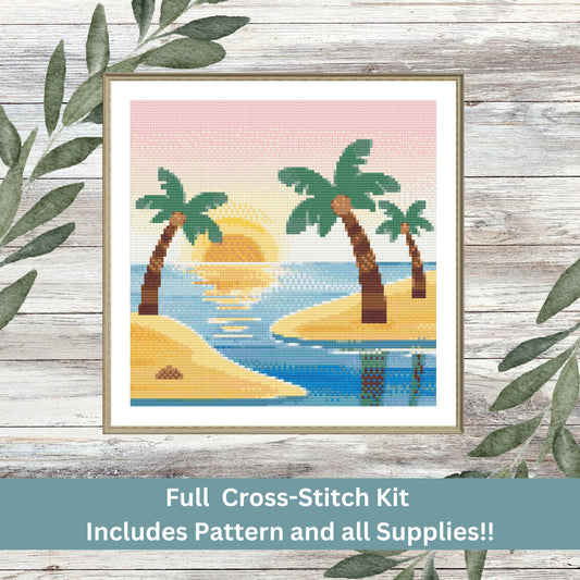 Kit de broderie au point de croix « Sunset Beach » – Projet de broderie côtière à faire soi-même