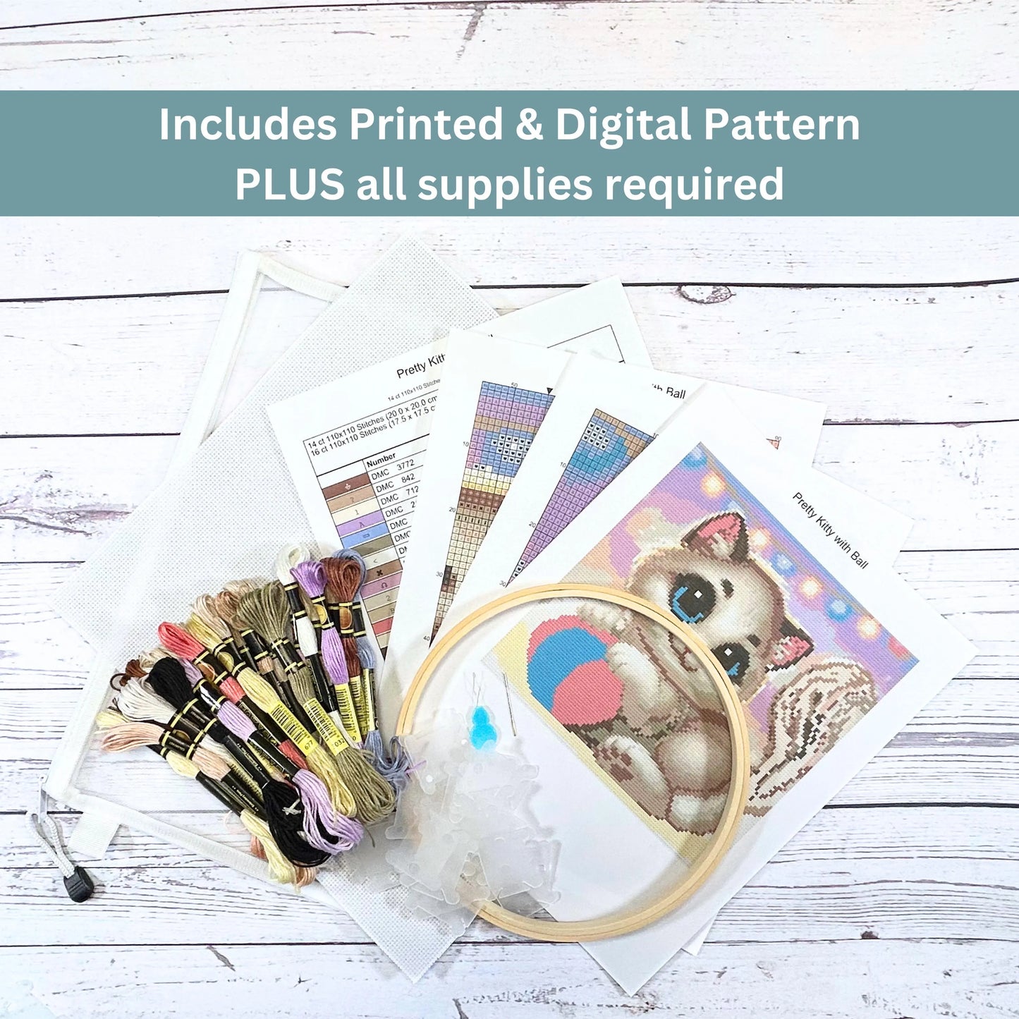 Kit de broderie au point de croix « Chaton mignon » – Kit de bricolage pour animaux de compagnie à couverture complète