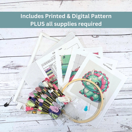 Kit de broderie au point de croix dinosaure – Adorable bébé dinosaure, kit complet pour débutants