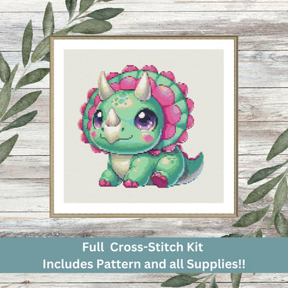 Baby Dino Kit – Cute Triceratops Cross Stitch (Beginner Friendly)