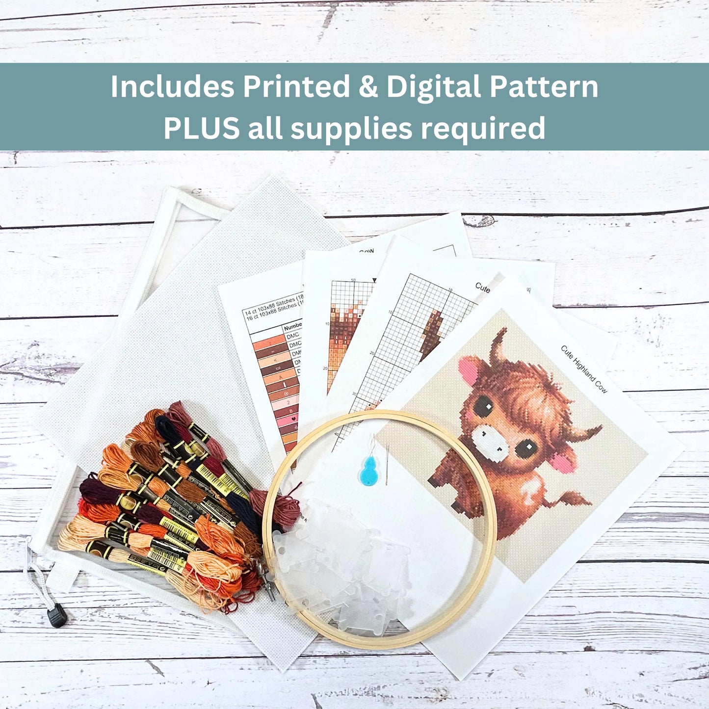 Kit de broderie au point de croix « Vache des Highlands » – Broderie complète à faire soi-même sur les animaux de la ferme