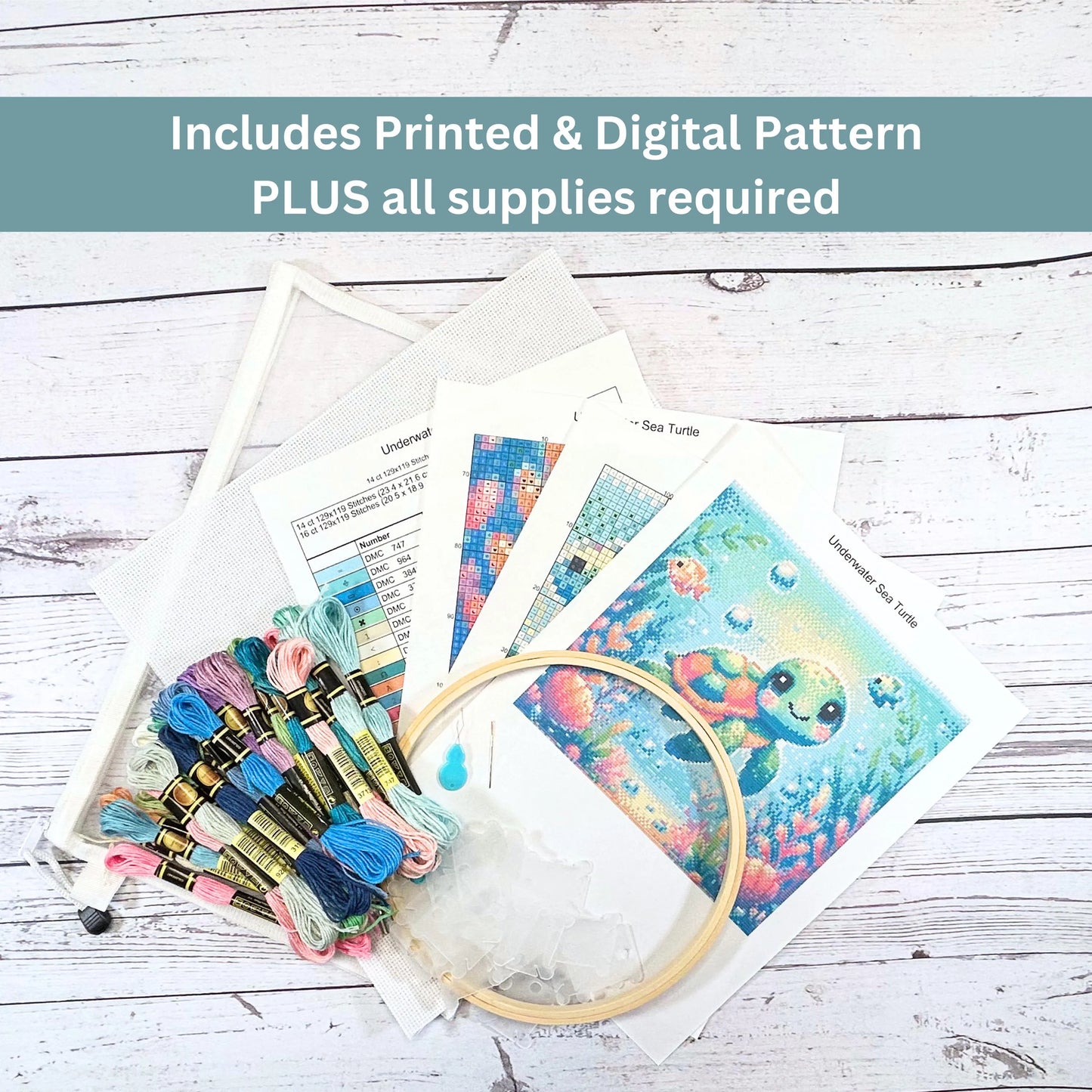 Kit de broderie au point de croix Tortue de mer – Broderie océanique à couverture complète